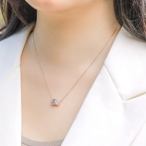 S925 silver gold necklace with rectangle moss agate and opal heart pendant on model