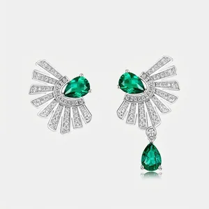 Vintage S925 Sterling Silver Asymmetric Fan Earrings With Pear Cut Lab-grown Emerald And Cubic Zirconia Green Gemstone Stud Drop Earrings For Women Jewelry