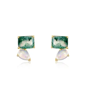 Minimalist S925 Sterling Silver Geometric Stud Earrings Inlaid With Natural Green Moss Agate And Waterdrop Opal Niche Jewelry