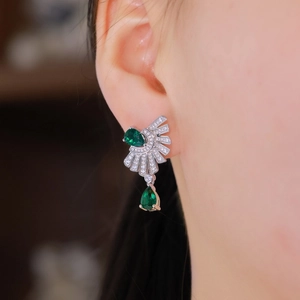 Art Deco S925 silver fan earrings with green pear emerald and white zircons