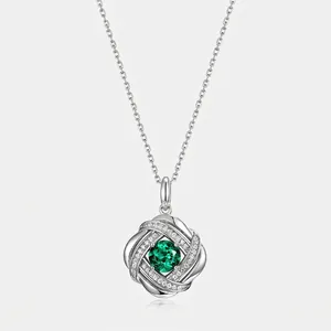 Luxury 925 Sterling Silver Lab Grown Emerald Necklace For Women Round Cut Green Gemstone Pendant Twisted Hollow Line Jewelry