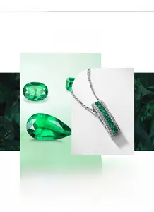 Detail of emerald necklace with rectangle gemstone and white zircon accents on silver chain