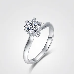 Classic Six-Prong S925 Sterling Silver Lab-Grown Diamond Ring For Women Round Brilliant Cut Solitaire Wedding Jewelry