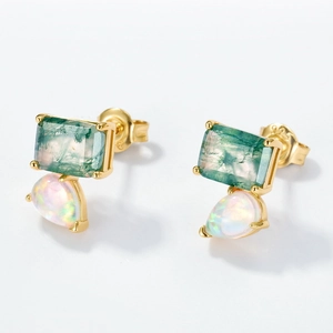 925 silver gold-plated stud earrings with moss agate and opal in a minimalist style
