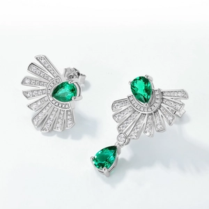 Retro S925 silver emerald drop earrings with fan-shaped geometric crystal setting