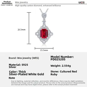 Detailed specs of S925 sterling silver necklace with emerald-cut ruby pendant and diamonds
