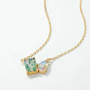 S925 silver gold-plated necklace with moss agate and opal gemstone pendants