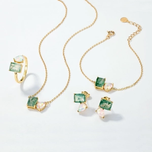 S925 silver gold plated jewelry set with green moss agate and white opal stones