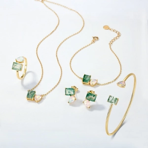 S925 silver gold plated jewelry set with green moss agate and opal stones
