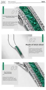 Macro shot of S925 sterling silver necklace with square-cut lab-grown emeralds