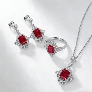 S925 silver jewelry set featuring emerald-cut red ruby pendant, ring and earrings