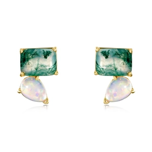 Asymmetric S925 silver earrings with green moss agate and opal drop gemstones