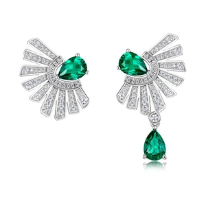 Vintage S925 sterling silver drop earrings with lab-grown emeralds and zircon stones