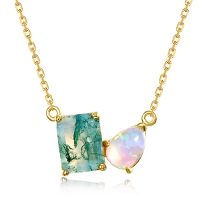 S925 silver gold plated necklace with green moss agate and teardrop opal pendant