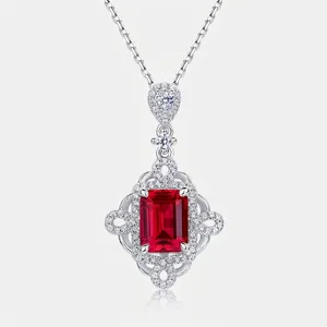 Emerald Cut Created Ruby Pendant Necklace 925 Sterling Silver Vintage Halo Luxury Elegant Jewelry Gift For Women