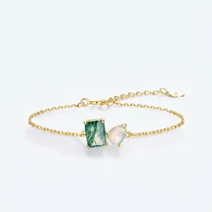 Bracelet Minimaliste Géométrique en Agate Mousse Naturelle et Opale pour Femmes en Argent Sterling S925 Plaqué Or Véritable Bijoux Réglables