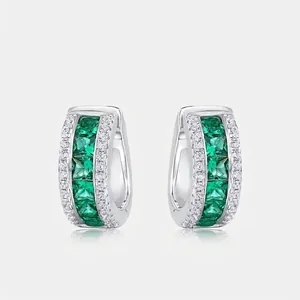 925 Sterling Silver Lab Grown Emerald Hoop Earrings Square Cut Cubic Zirconia Pendant Necklace For Women Elegant Jewelry Gift