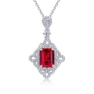 Luxurious S925 silver necklace with emerald-cut ruby pendant and sparkling diamonds