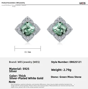 Detailed view of square S925 silver earrings with green moss agate and cubic zirconia