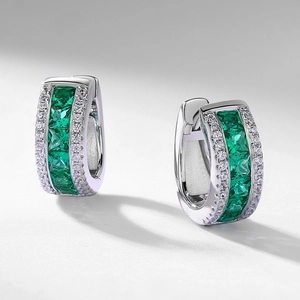 S925 sterling silver emerald huggie earrings with sparkling zirconia in pave setting