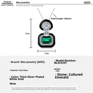 Detailed dimensions of S925 silver lab emerald necklace with pendant size and chain length