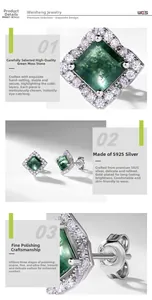 Macro detail of S925 silver stud earrings featuring square cut green moss agate stones