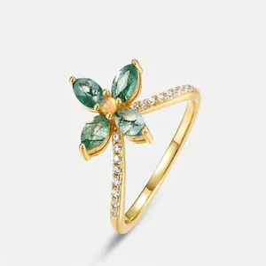 925 Sterling Silver Moss Agate Clover Ring For Women Gold Plated Opal Rhinestone Inlaid Floral Finger Ring Fresh Jewelry Gift