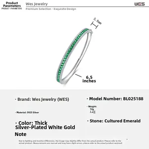 Detailed spec sheet showing S925 sterling silver bangle with lab-grown emerald stone