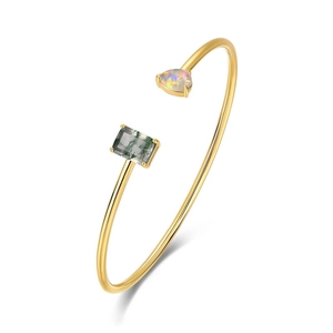 Bracciale rigido dorato aperto con agata muschiata verde e pietra di opale a goccia