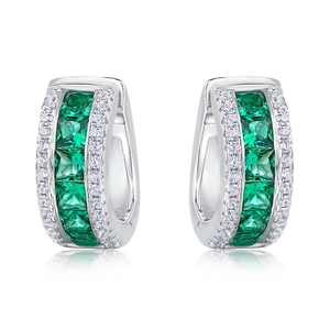 S925 Sterling Silver Hoop Earrings with Lab Emerald and Sparking Cubic Zirconia