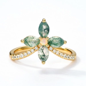 S925 silver clover ring with green moss agate petals and opal center on white background