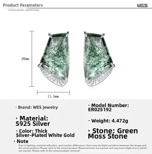 Detailed specs of S925 silver green moss agate earrings with size and weight info