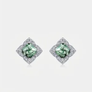 Vintage 925 Sterling Silver Moss Agate Stud Earrings For Women Elegant Square Geometric Zirconia Halo Inlaid Jewelry Fine Accessories Gift