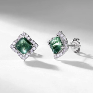 Elegant S925 silver square green moss agate stud earrings with cubic zirconia halo