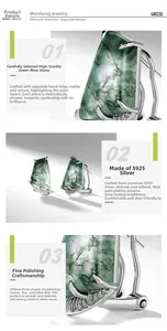 Macro shot of green moss agate earrings featuring S925 silver and hand-set prongs detail