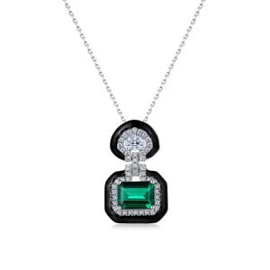 Retro S925 Sterling Silver Lab Grown Emerald Necklace Geometric Art Deco Pendant With Zirconia Luxury Jewelry For Women
