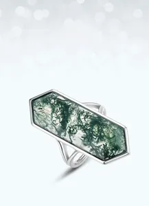 Macro view of S925 sterling silver ring showing hexagonal green moss agate and S925 hallmark