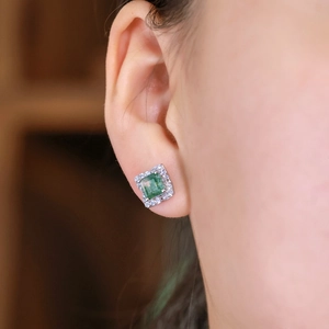 Elegant S925 silver square moss agate stud earrings with halo cubic zirconia stones