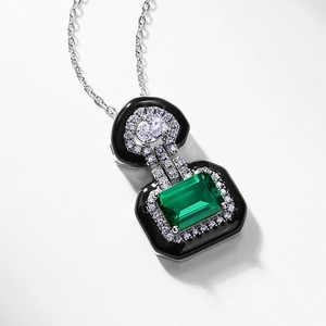 Vintage S925 silver emerald pendant necklace with black enamel and zircon accents