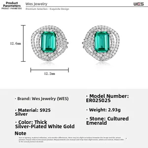 Detailed specs of S925 silver emerald cut stud earrings with lab-grown gemstone dimensions