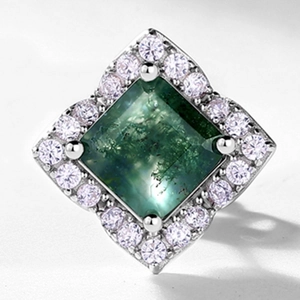 S925 silver moss agate square stud earrings with shimmering halo of cubic zirconia
