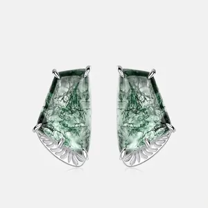 Natural Moss Agate 925 Sterling Silver Earrings Geometric Trapezoidal Cut Niche Design Vintage Style For Women