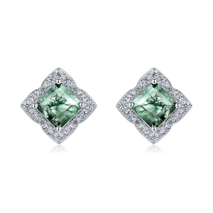 Square moss agate stud earrings in S925 sterling silver with halo cubic zirconia