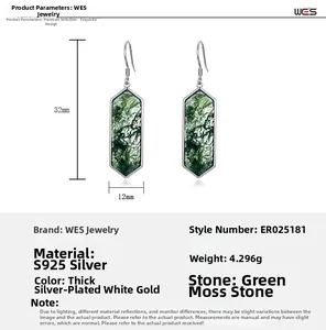Detail showing S925 silver green moss agate earrings dimensions 32mm by 12mm