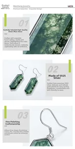 Macro detail of hexagonal green moss agate earrings with S925 sterling silver hooks