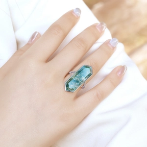 Minimalist S925 silver ring featuring a large hexagonal natural moss agate gemstone
