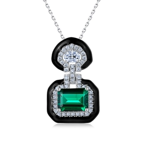 Vintage Art Deco S925 sterling silver necklace with emerald-cut green gemstone pendant