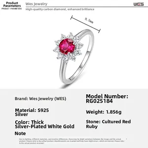 Detail specifications of S925 silver lab-grown ruby sunflower ring with 9.5mm center stone