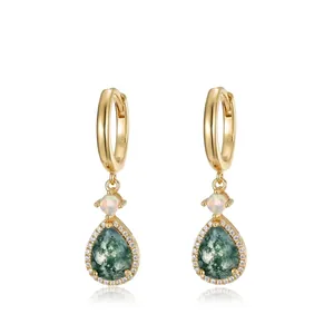 Orecchini Pendenti Goccia Agata Muschiata Con Opale E Zircone Placcato Oro 925 Argento Sterling Perno Per Donne Vintage