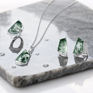 Natural moss agate jewelry set with S925 silver necklace, ring and earrings
